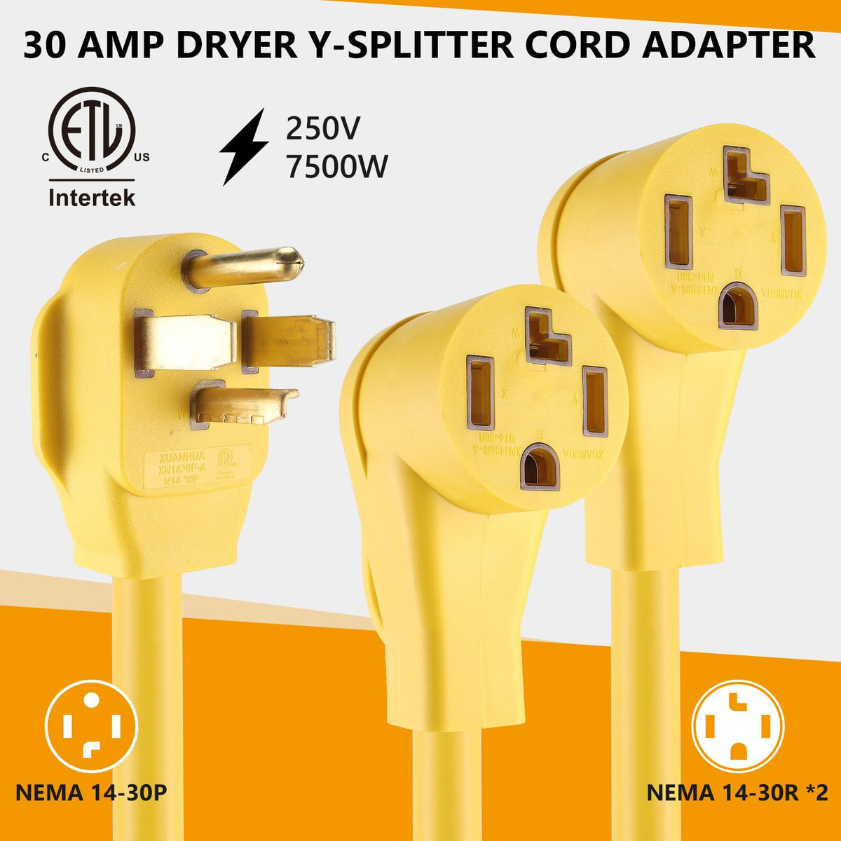 RealPlus 4 Prong Dryer Y-Splitter 30 Amp, NEMA 14-30P to (2) NEMA 14-30R, STW 10AWG 4C Power Cord Adapter for Multiple Outlet Dryer Outlet, 3 Feet (Yellow)
