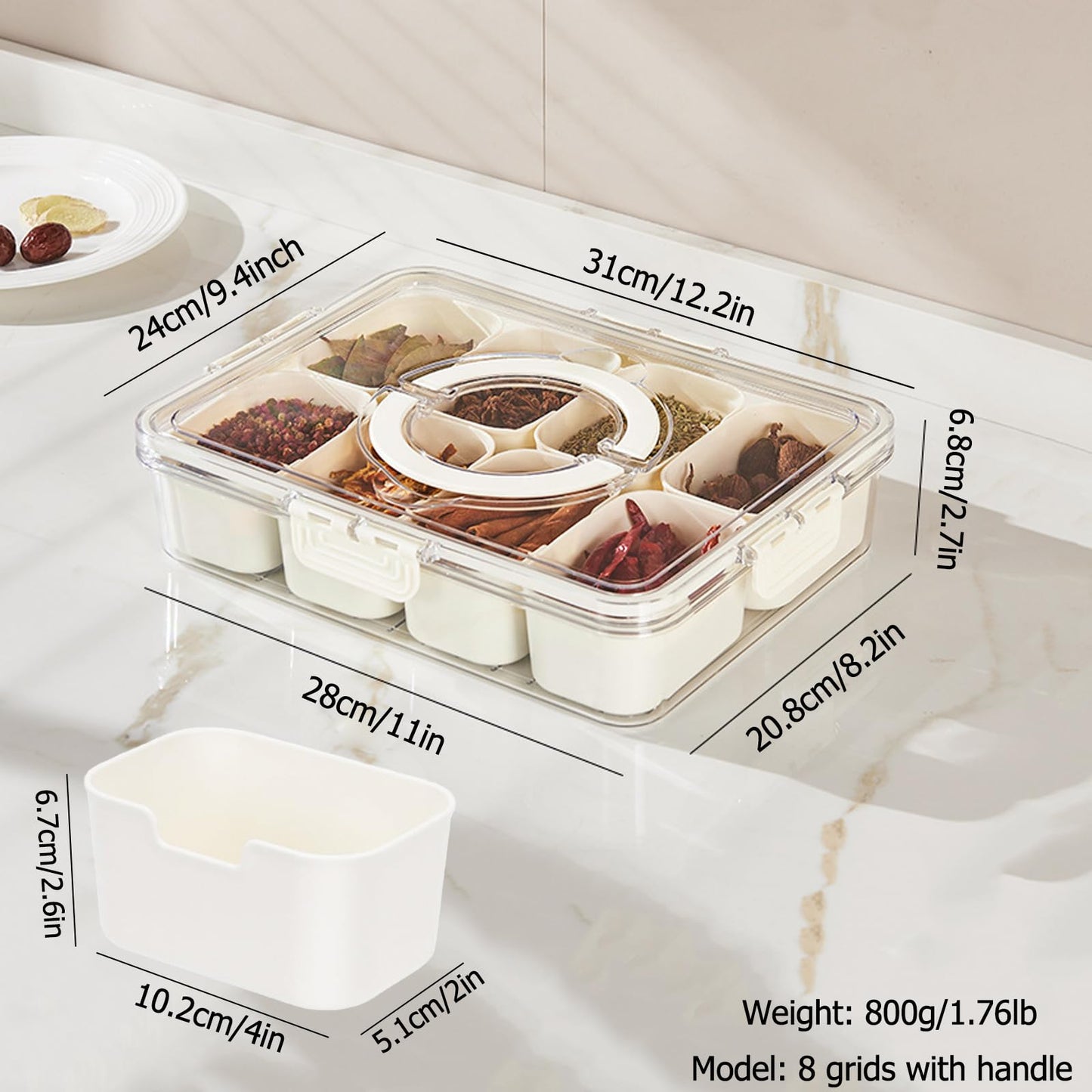 KIGITIONE 2 Pack Snackle Box Container, 8 Compartments Snack Box, Portable Serving Tray with Lid and Foldable Handle, Snack Organizer for Fruits, Snacks, Nuts, Veggies, Ideal for Travel & Picnics