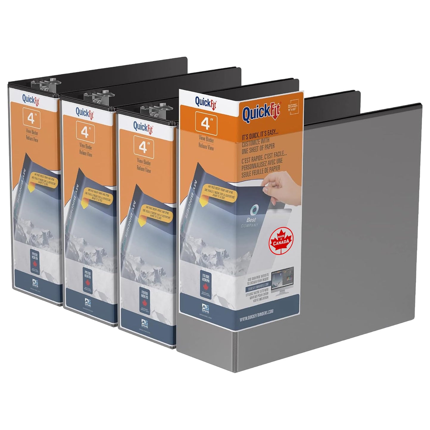 QuickFit View Binder, 3-Ring Binder for School or Office, D Ring, Black, 4 Pack, 4 Inch