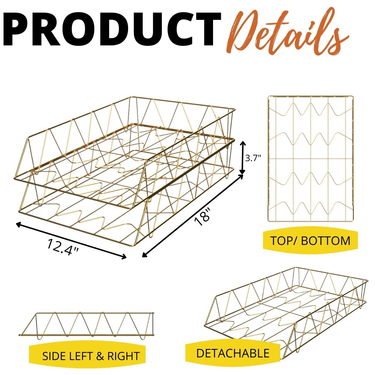 Performore 2 Pack of 11x17 Gold Stackable Wire Desk Trays, Paper Tray Organizer for Desk, Multifunctional File Document Holder and Storage for Office Desktop Organization and Accessories