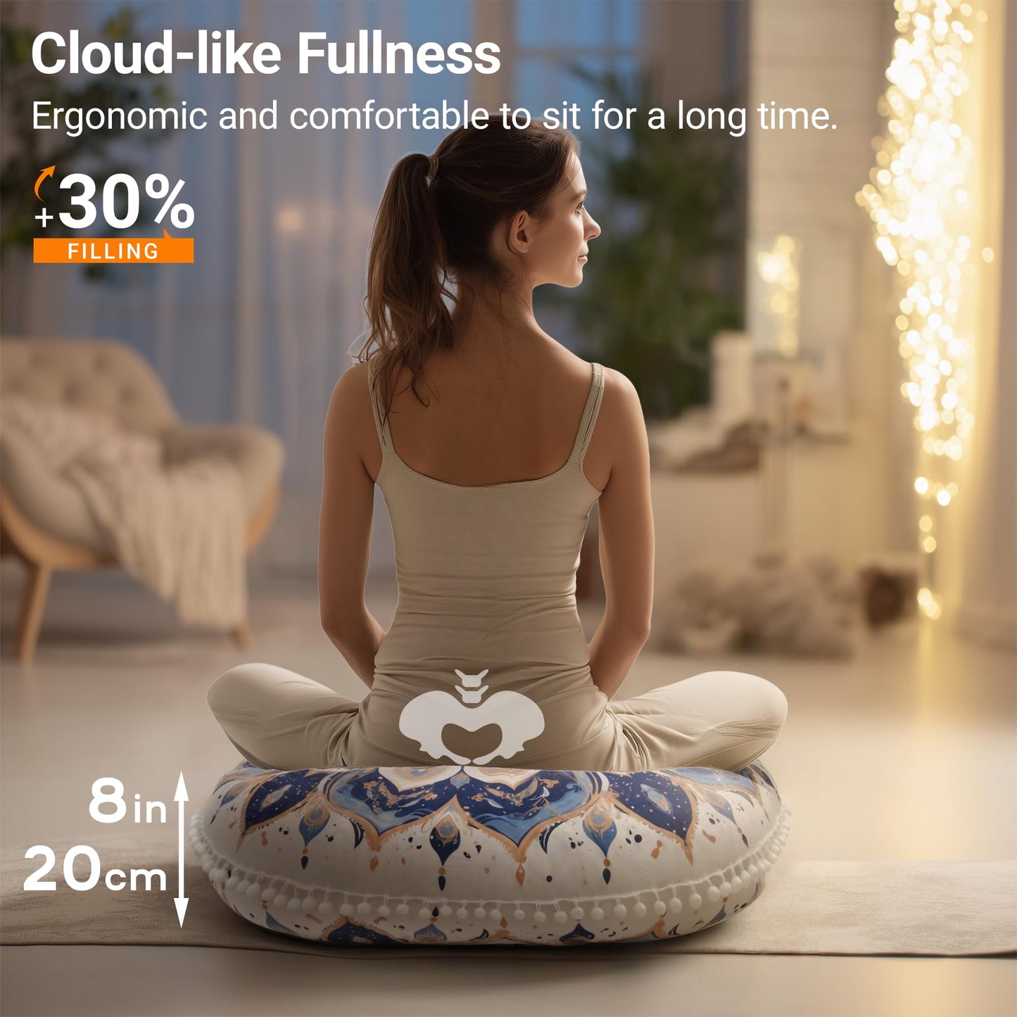 DAWNYIELD Meditation Cushion 32 Inch Round, Large Floor Pillow Seating for Adults, Bohemian Mandala Yoga Cushion, Extra Thick Memory Foam Removable Washable Cover, Ideal Gift & Holiday Decor, Blue
