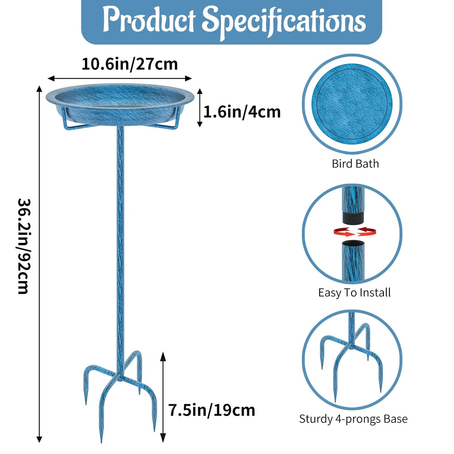 KHayRovies Metal Bird Bath for Outside, 36.2" Height Birdbath Bowl Standing Bird Feeders for Outdoors with 4 Prongs Base Stake, Freestanding Birdfeeders for Garden Yard Lawn Decor (Retro Blue)