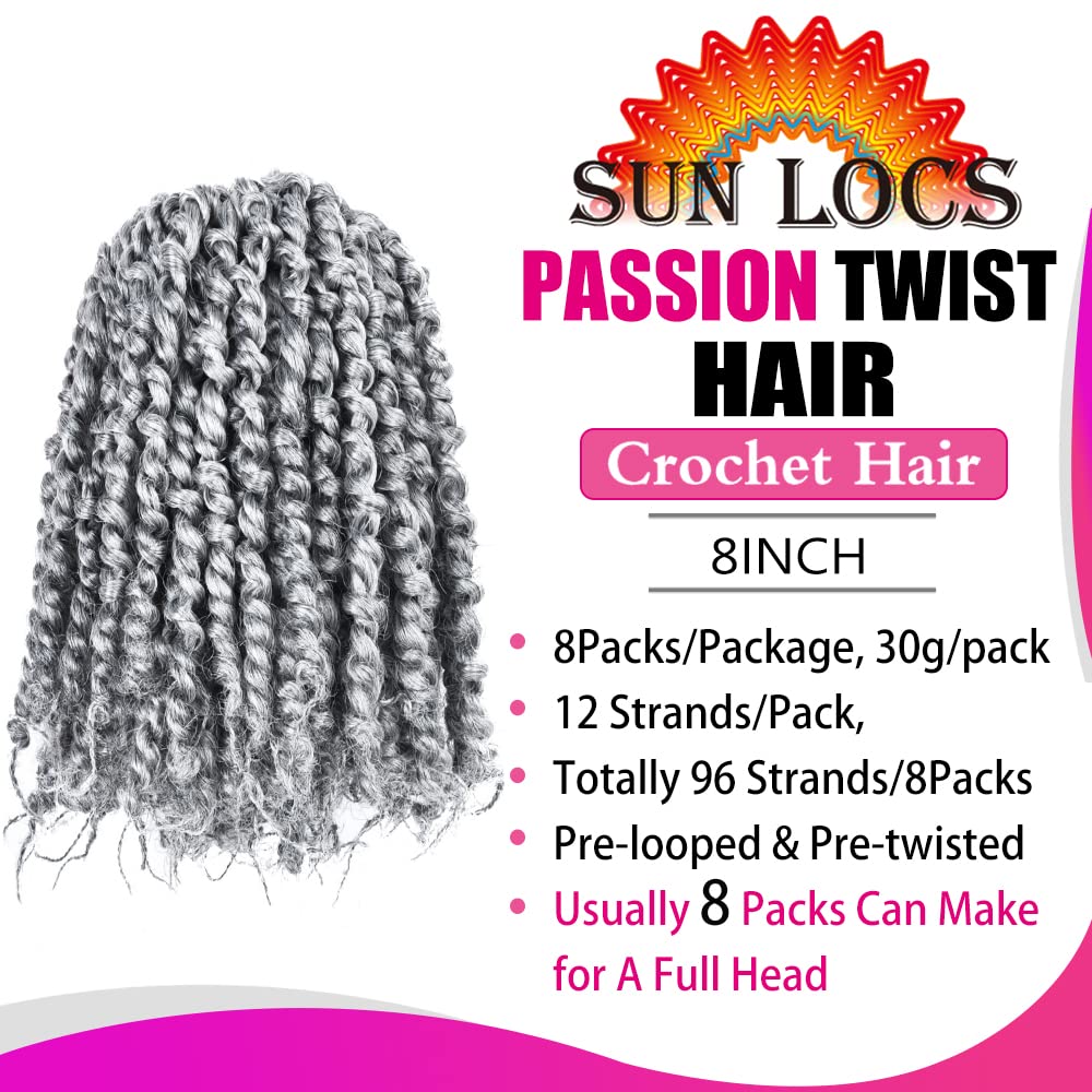 8 Packs Pre-twisted Passion Twist Crochet Hair for Black Women, 8 Inch Passion Twist Hair, Pre-looped Crochet Braids Bohemian Hair Synthetic Braiding Hair Extensions (12Strands/Pack,TGrey#)