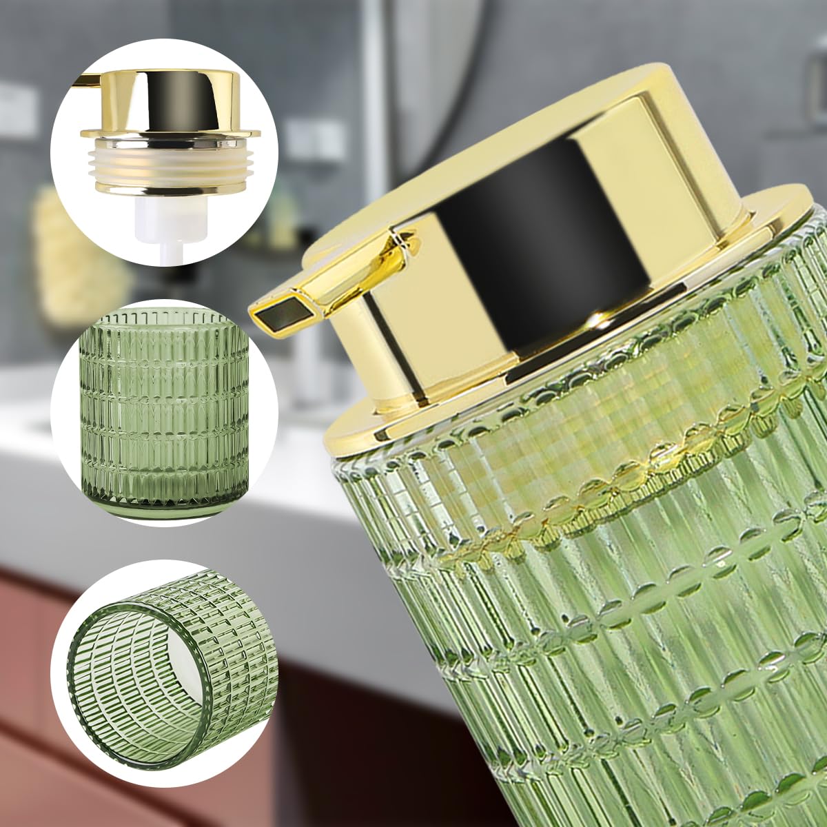 Tonxus Foaming Soap Dispenser,10 Oz Glass Foam Hand Soap Dispenser for Bathroom and Kitchen,Refillable Foaming Pump Bottle with Large Pump,Modern Striped Dish Soap Foam Dispenser (2, Green)