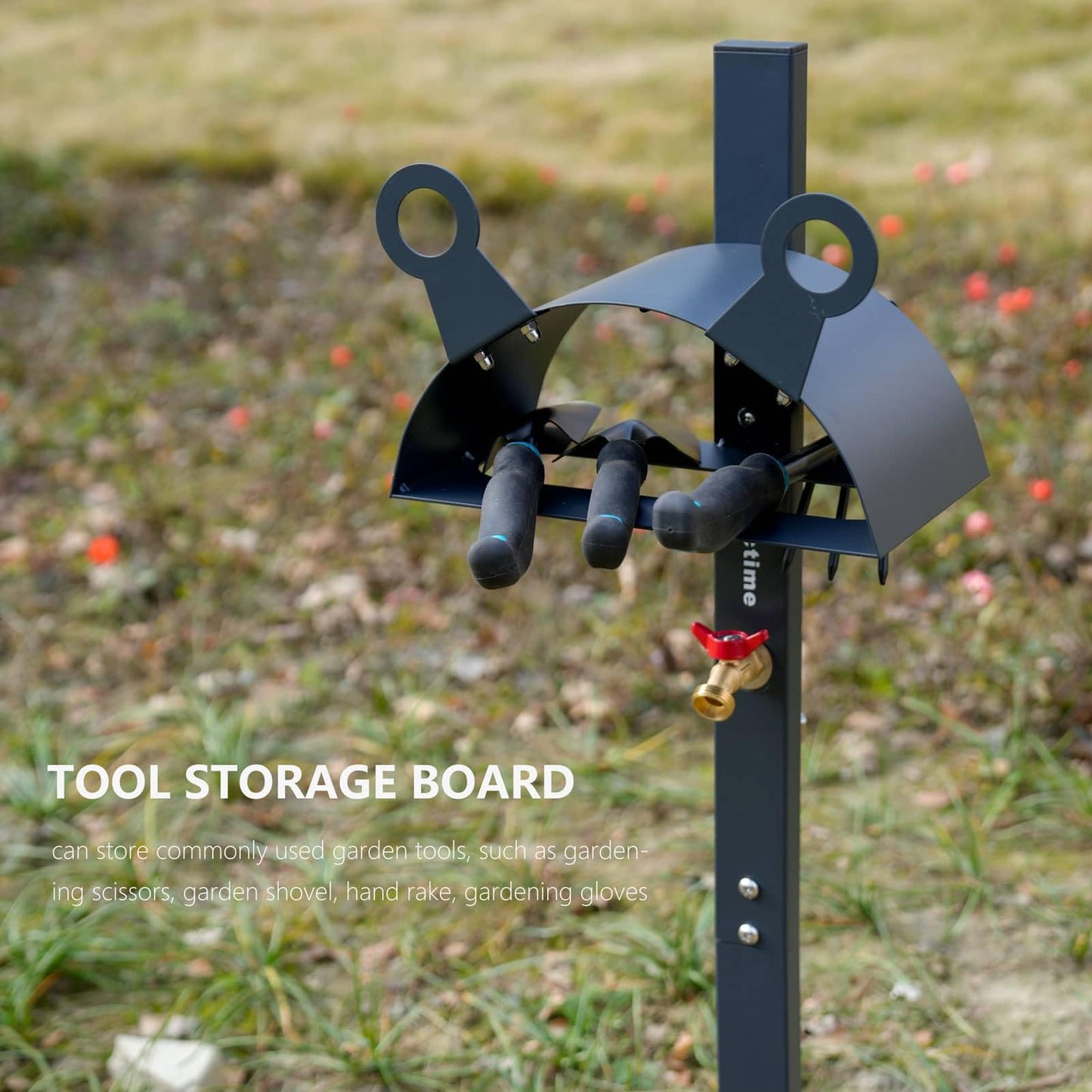 idyllictime Garden Hose Holder Freestanding for Outside With Tool Storage Heavy Duty 2MM Carbon Steel (Deep Grey, carbon steel)
