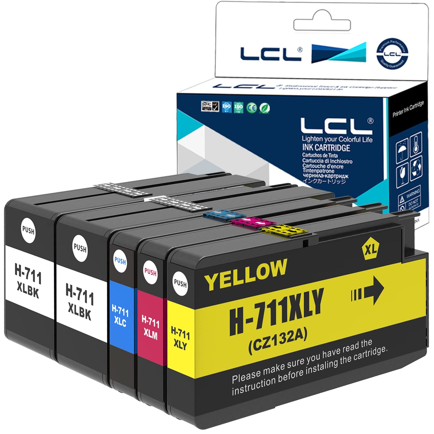 LCL Compatible Ink Cartridge for HP 711XL 711 XL High Yield (5-Pack 2Black Cyan Magenta Yellow) Pigment for HP Designjet T120 24, T120 610, T520 24, T520 36, T520 610, T520 914, T125 24