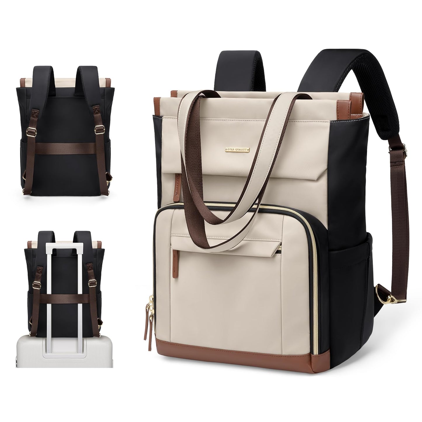 GOLF QUALITY Convertible Laptop Backpack for Women Carry on Tote Daypack Bookbag for College Work Nurse Travel,16Inch,Apricot Brown