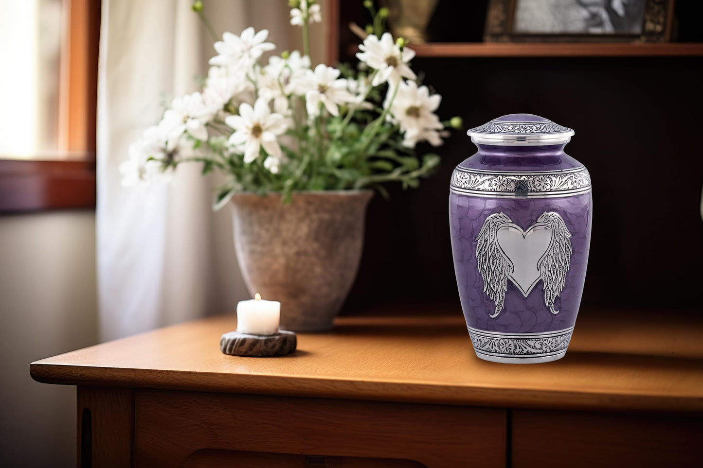 Angel Wings Urn - Loving Angel Wings Cremation Urn for Ashes - Handcrafted Angel Wings & Heart Adult Urn - Large Wings of Love Memorial Urn with Velvet Bag (Purple)