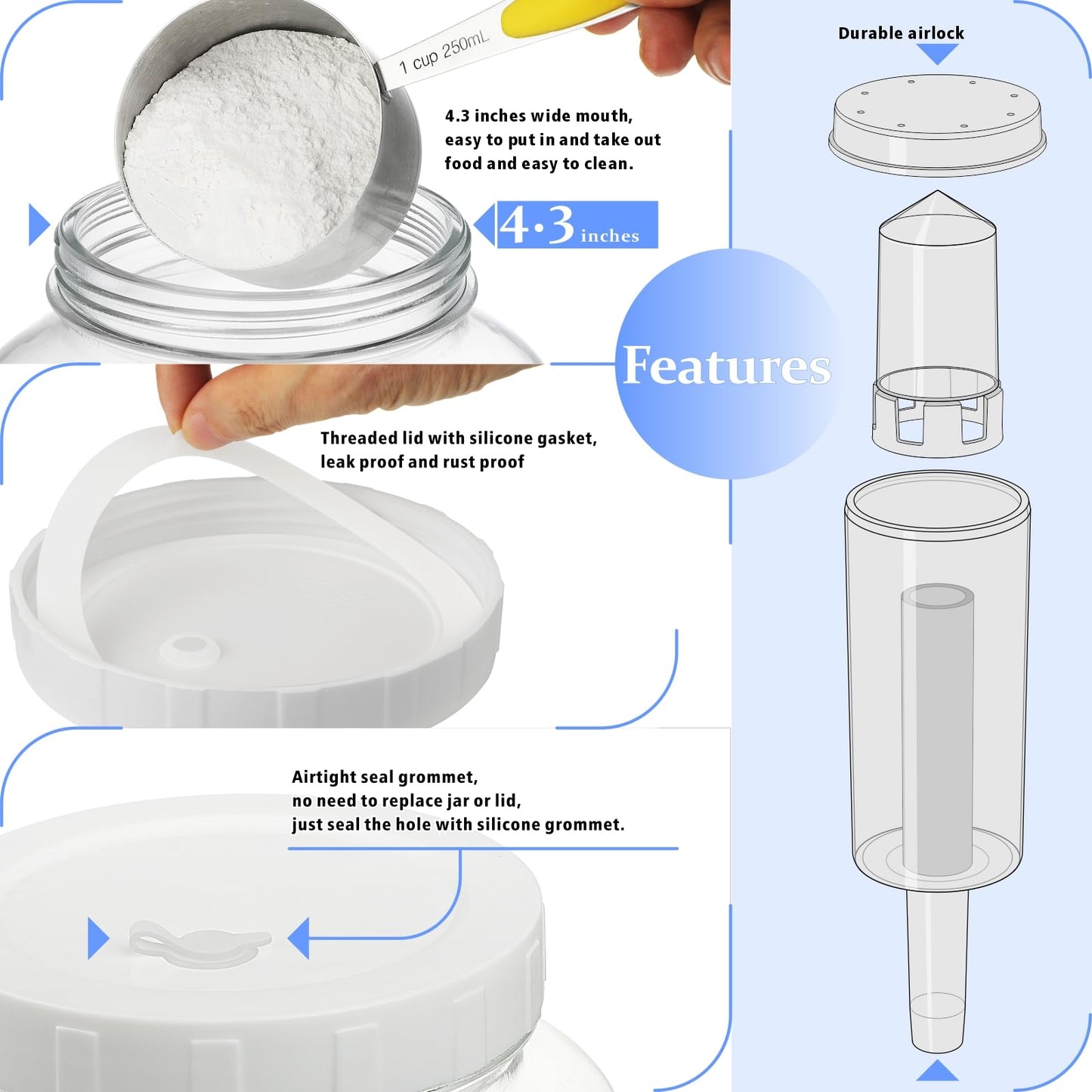 2 Pack Wide Mouth Fermentation Jars w 2 SCREW Lids and 3 Airlocks - 100% Airtight, 1 Gallon Glass Jars with Lids, Mead Making Kits w Scale Marks for Kombucha