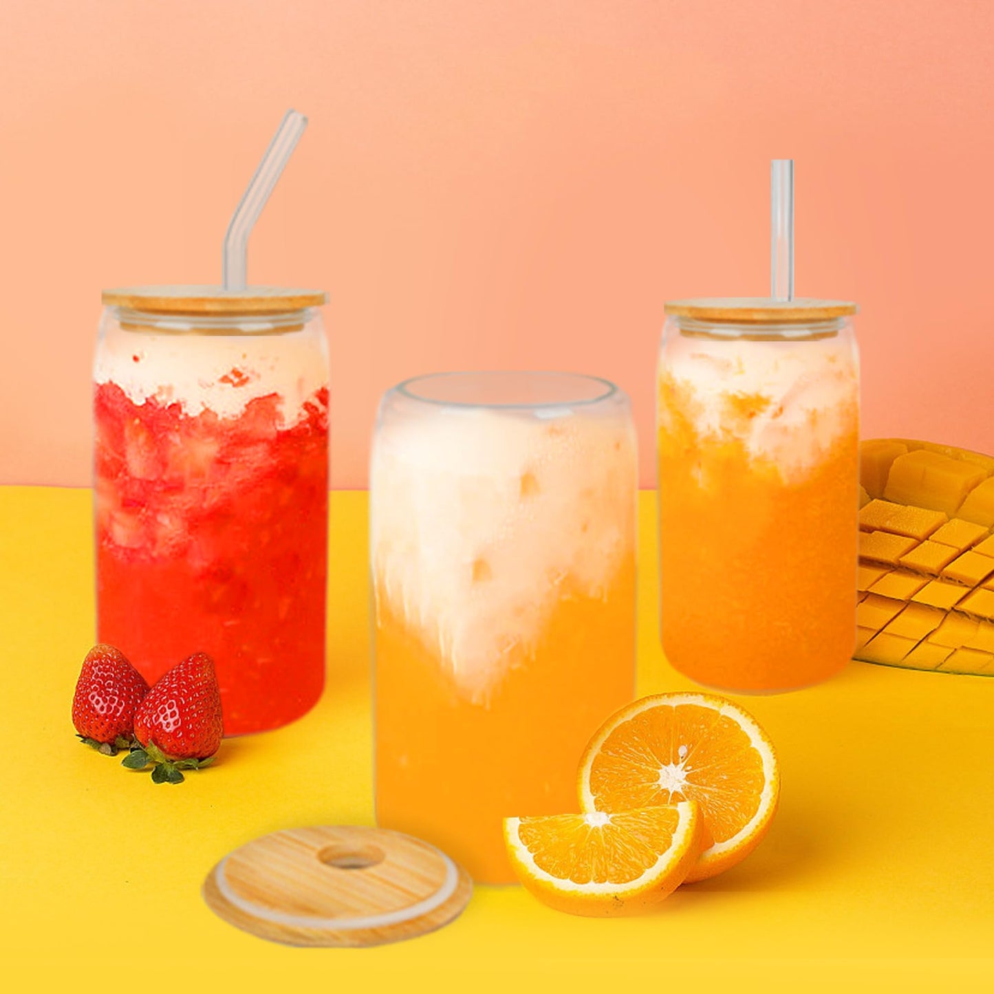 GIVAMEIHF Drinking Glasses with Bamboo Lids and Glass Straw 12pcs,16oz Glass Cups with Lids and Straws,Iced Coffee Glasses,Cute Tumbler Cups for Soda,Coffee Cups
