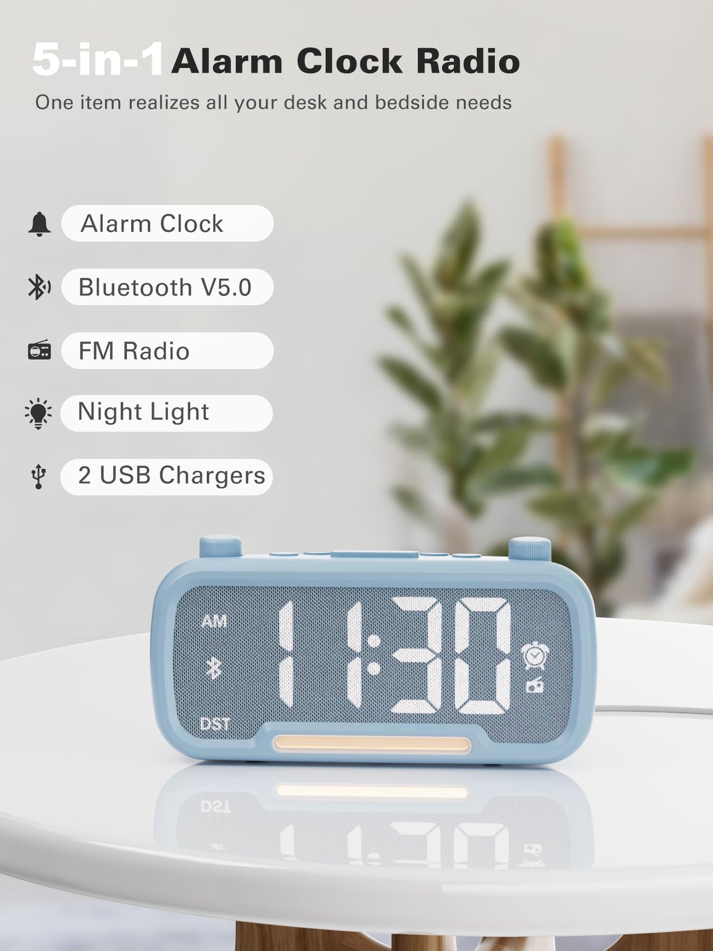 Radio Alarm Clock with Bluetooth Speaker, FM Clock Radio for Bedroom, Digital Alarm Clock with LED Night Light, 5-Level Brightness, 16-Level Volume, Phone Charger, Snooze, Battery Backup, 12/24H & DST