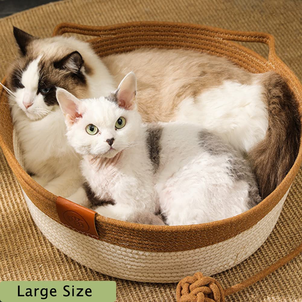 Handwoven Cotton Rope Cat Bed Cat Hammock Foldable Sleeping Nest Basket Handmade Natural Cradle Scratcher Cuddler for Kitten Cute Style with a Playing Rope Ball (Brown-Large)