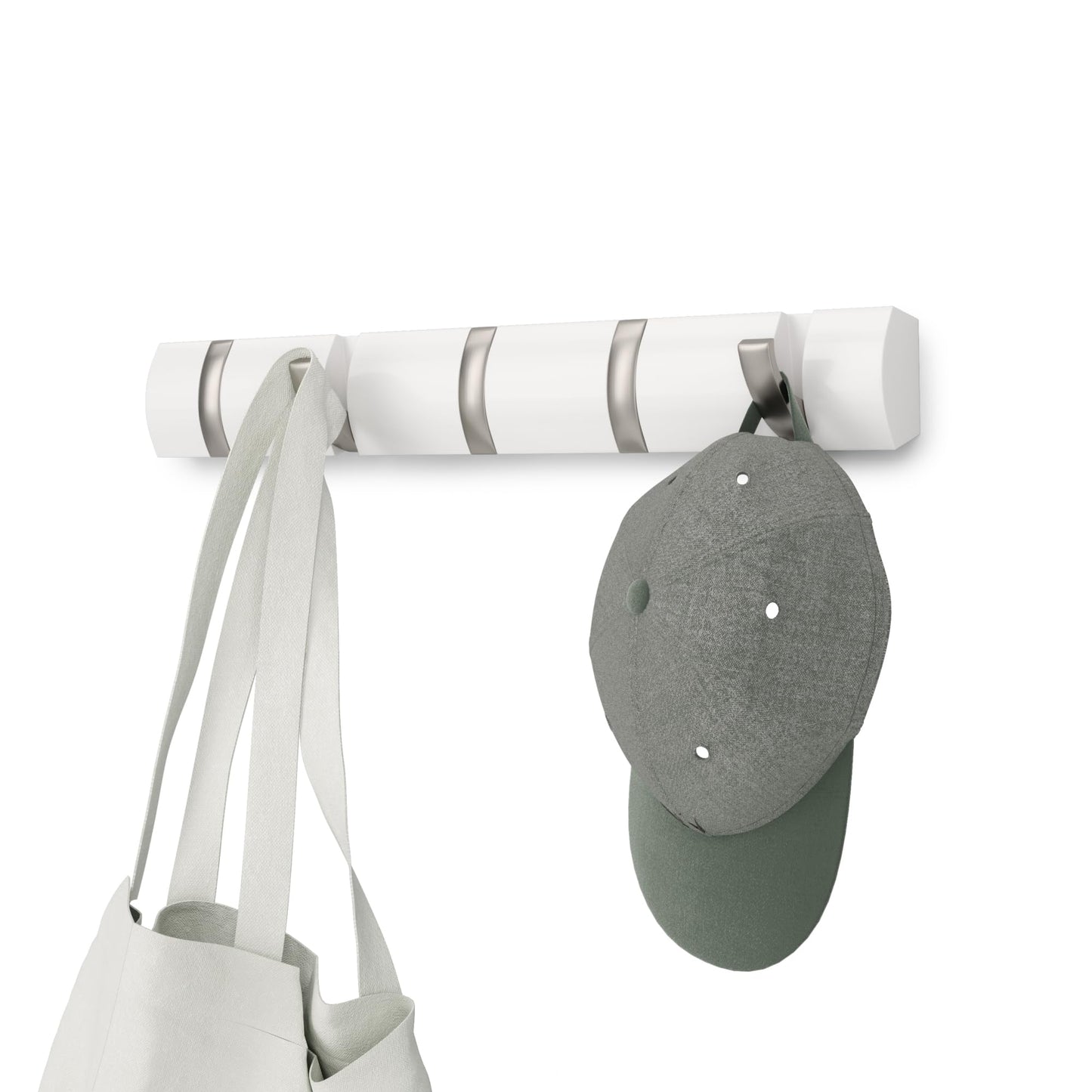 Umbra Flip Wall-Mounted Coat Rack with 5 Hooks – Modern, Space-Saving Storage for Hats, Jackets, Bags, Entryway, Mudroom, Closet, Bathroom, Bedroom – White/Nickel
