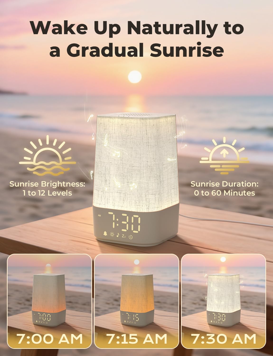 LIORQUE Sunrise Alarm Clock Wake Up Light with 30 Soothing Sounds Dimmable Display, Digital Alarm Clock with Mains Powered for Bedroom, Night Light & White Noise Sound Machine for Kids Adults
