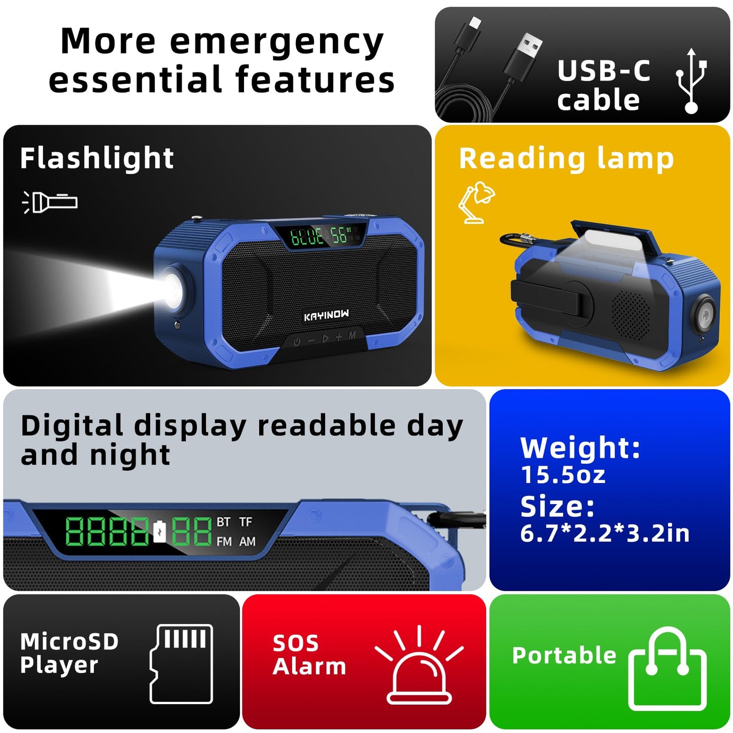 Portable Emergency Weather Radio with Waterproof Bluetooth Speaker, AM/FM/NOAA Hand Crank Solar Rechargeable Radio with Flashlight, Reading Light, 5000mAh Cell Phone Charger, SOS Alarm, Survival Gear