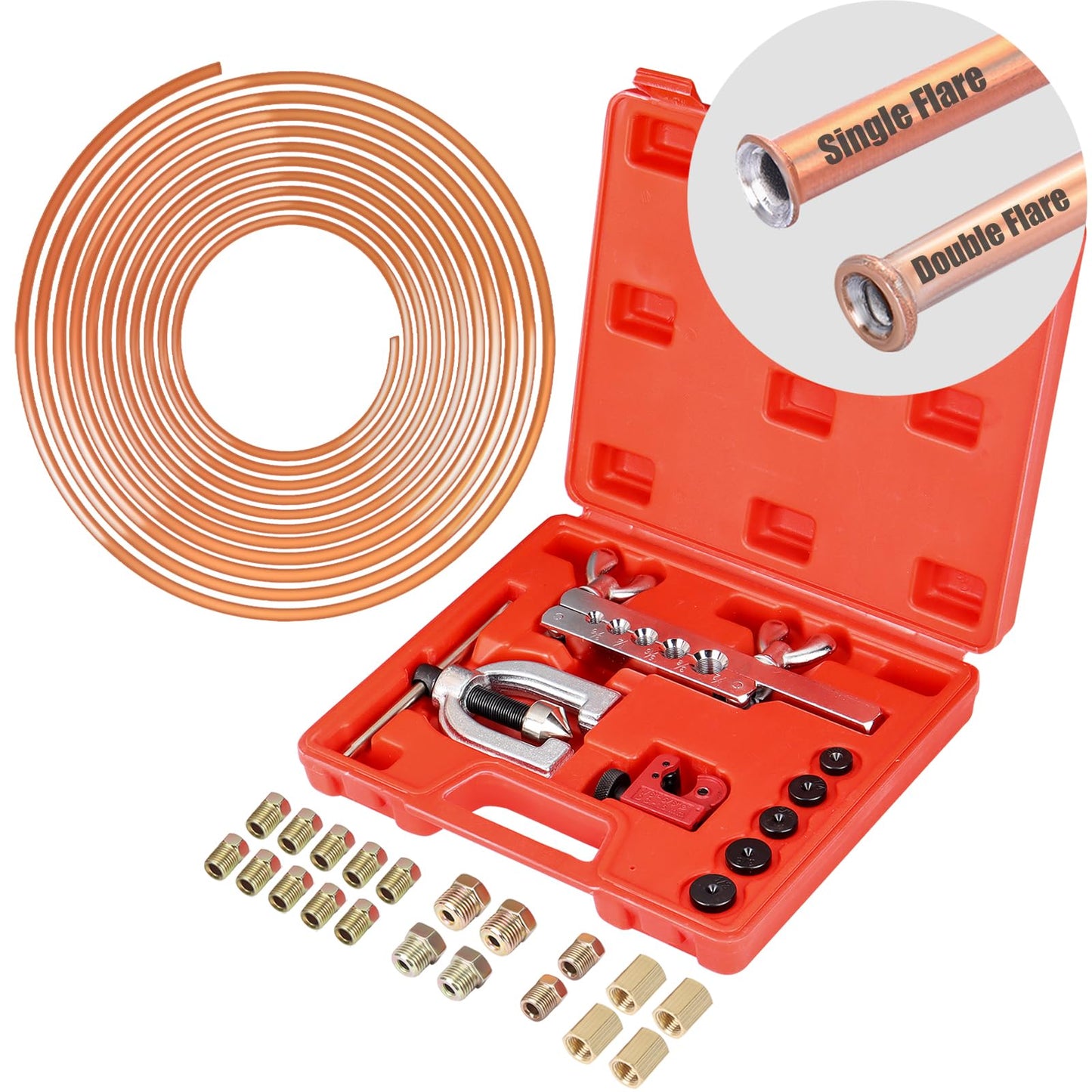 Brake Line Kit - 25 FT 3/16" Copper Coated Brake Line (with 16 Brake Line Fittings and 4 Threads Unions) + Double & Single Flaring Tool Kit (with Tube Cutter and 5 Adapters)