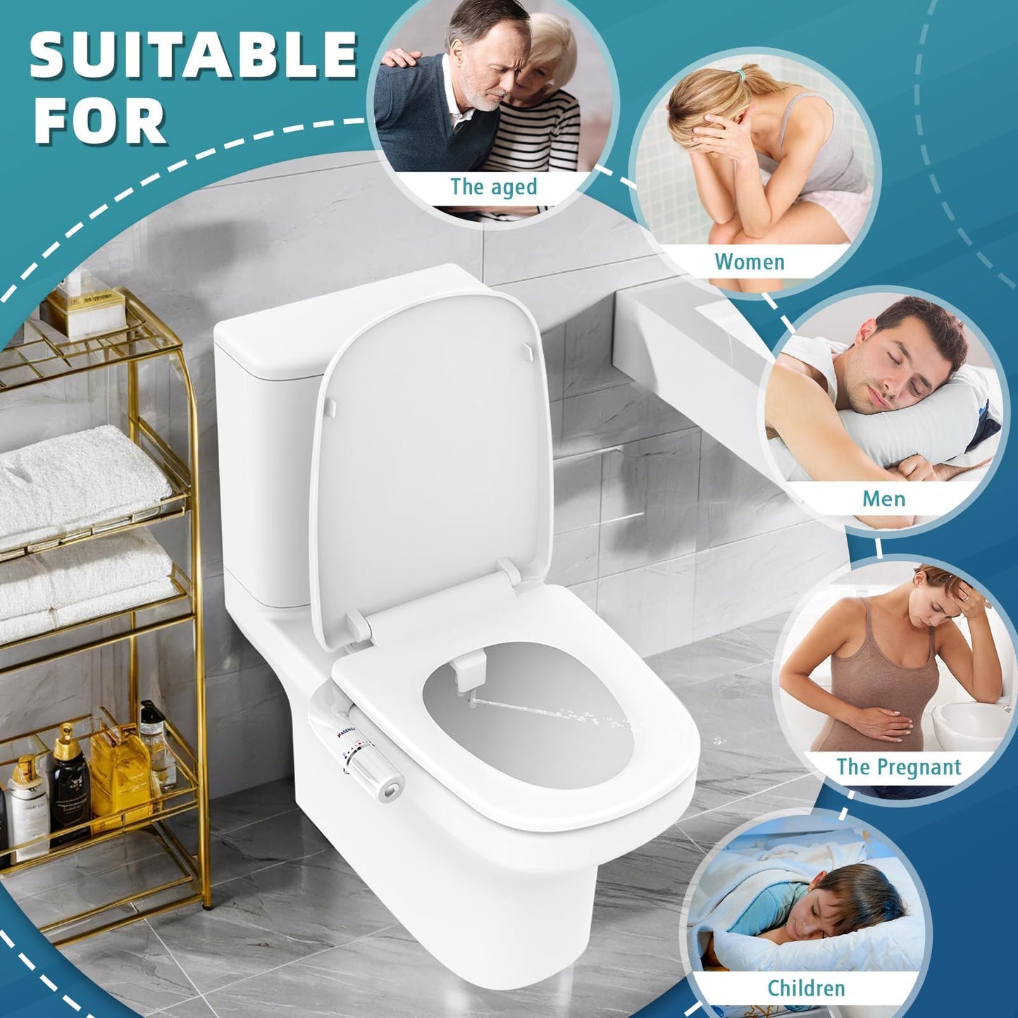 FASENZA Bidet Attachment for Toilet Seat: Adjustable Water Pressure, Ultra-Slim Toilet Water Sprayer with Self-Cleaning Non-Electric Dual Nozzle, Front & Rear Feminine Wash, Cold Water, White, 1 Pack