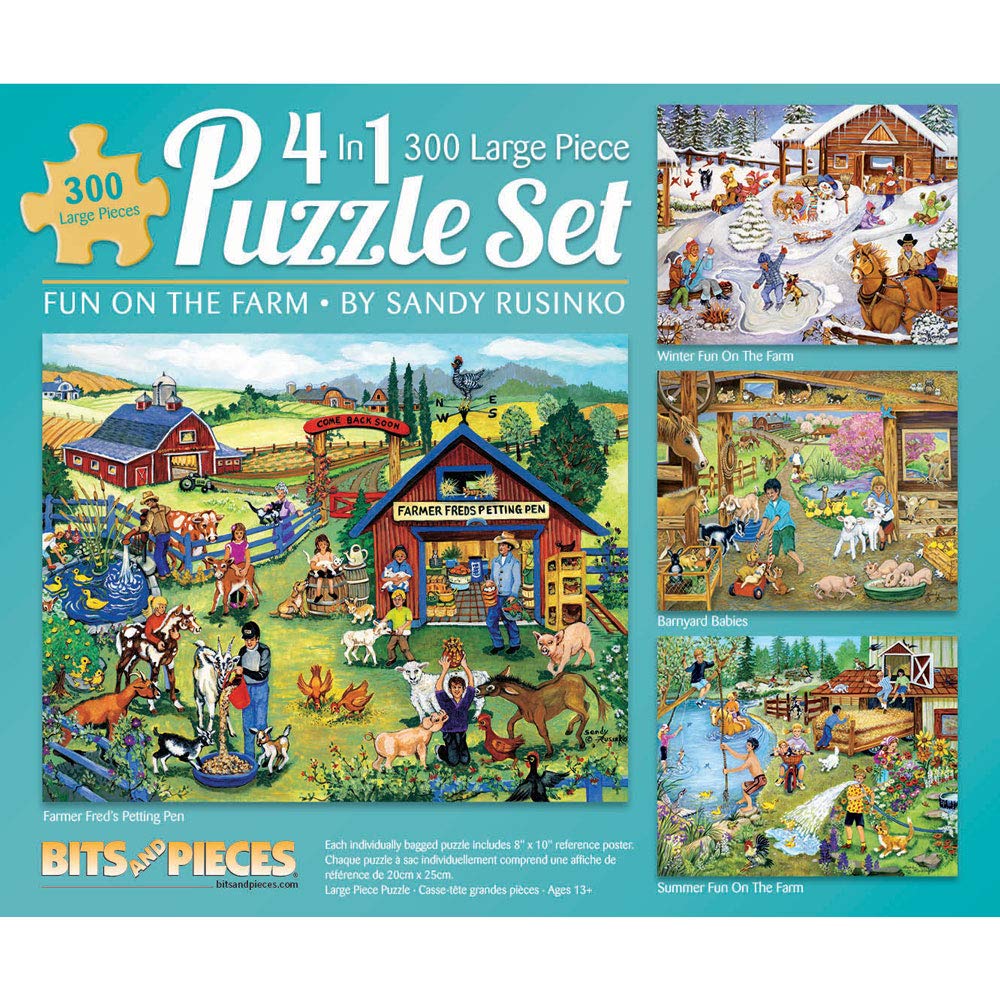 Bits and Pieces - 4-in-1 Multi-Pack - 300 Piece Jigsaw Puzzles for Adults-Each Measures 16" x 20" (46cm x 61cm)-Fun on The Farm by Artist Sandy Rusinko