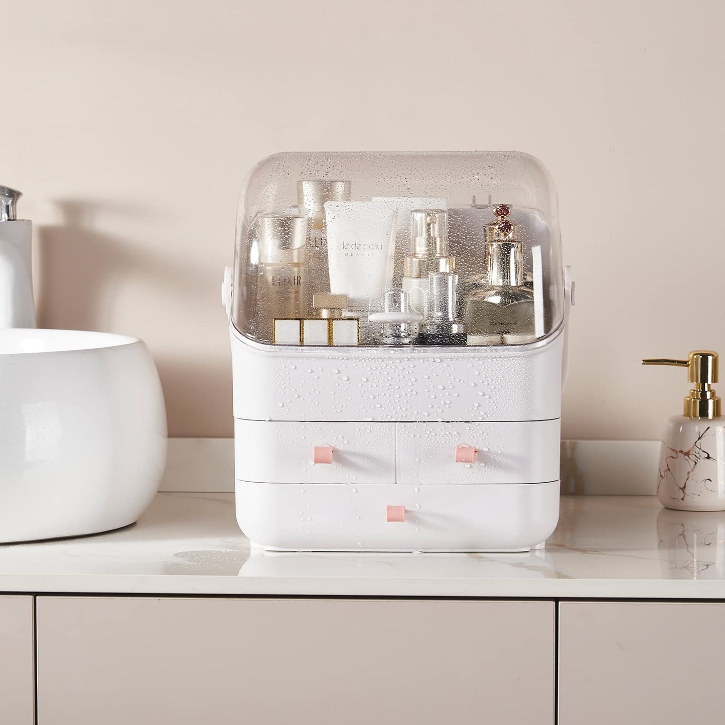 SUNFICON Makeup Organizer Cosmetic Storage Box Holder with Dust Free Cover Portable Handle,Fully Open Waterproof Lid, Dust Proof Drawers,Great for Bathroom Countertop Bedroom Dresser