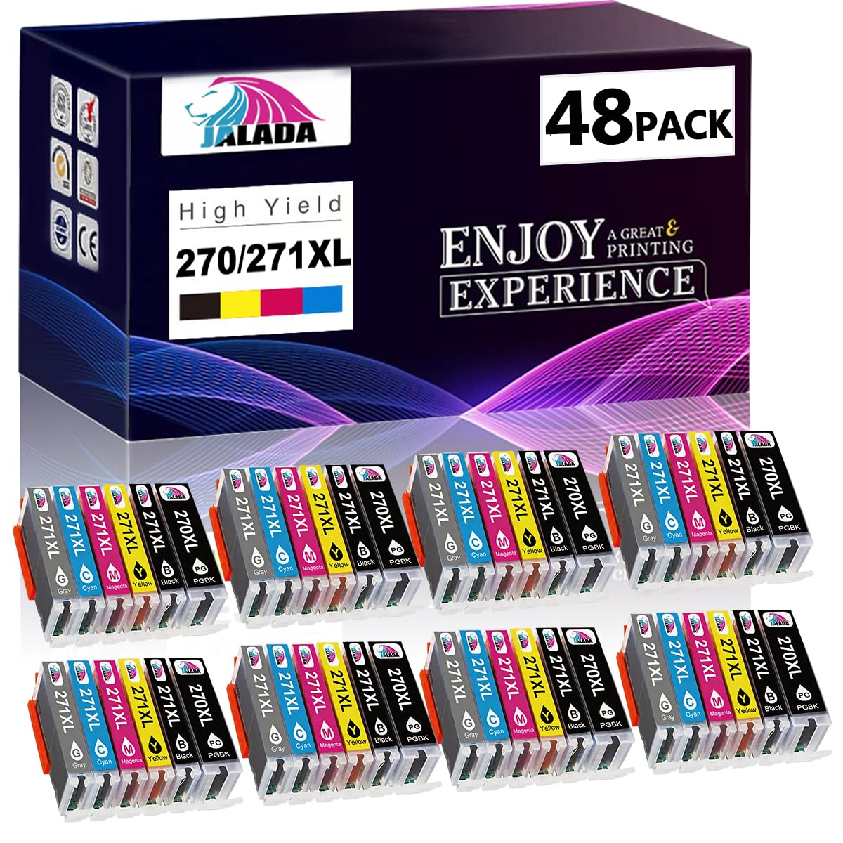 Jalada Compatible PGI-270XL CLI-271XL High Yield Ink Cartridges 48-Pack (8PGBK 8BK 8C 8M 8Y 8GY) Replacement for Canon PIXMA MG5720 MG7720 TS6020 TS6022 TS9020