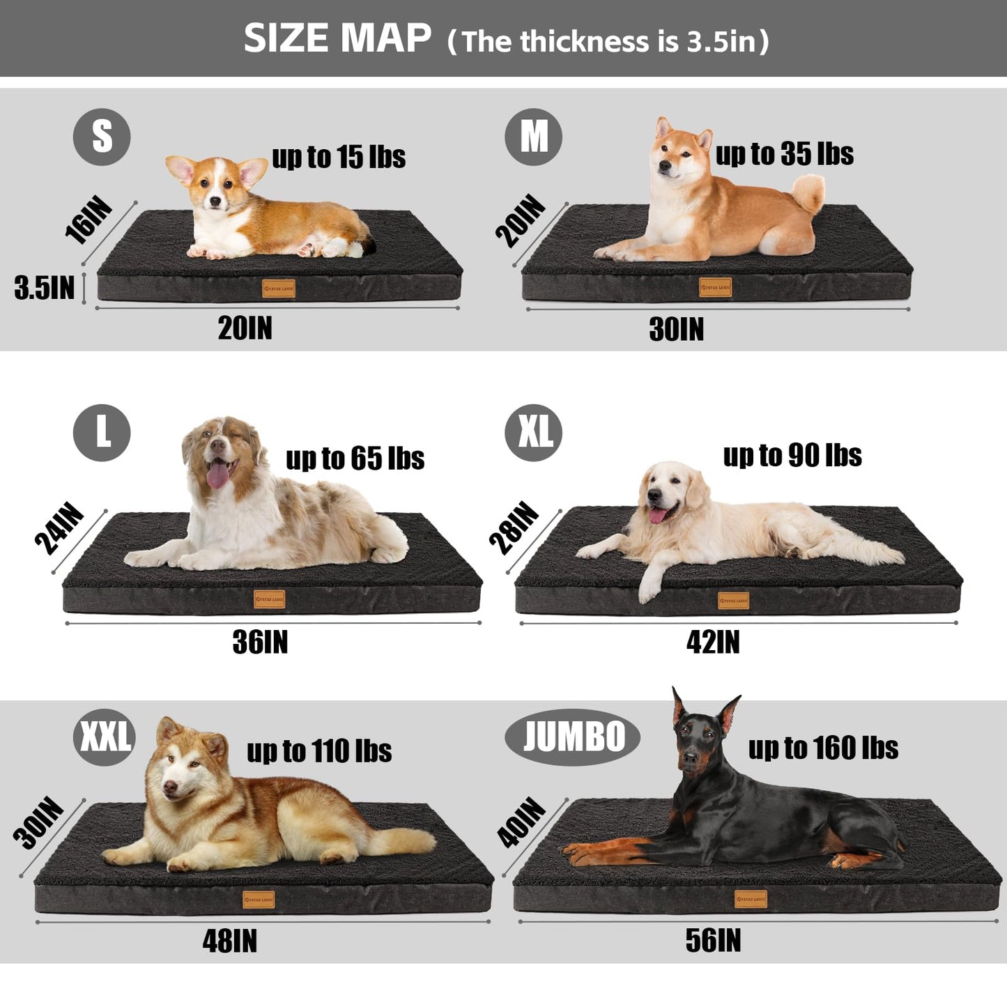 Patas Lague Orthopedic XL Dog Bed Large Sized Dog 107x71cm, Soft Waterproof Egg Crate Foam Large Pet Crate Beds Mat with Removable Washable Cover and Non-Slip Bottom, Black