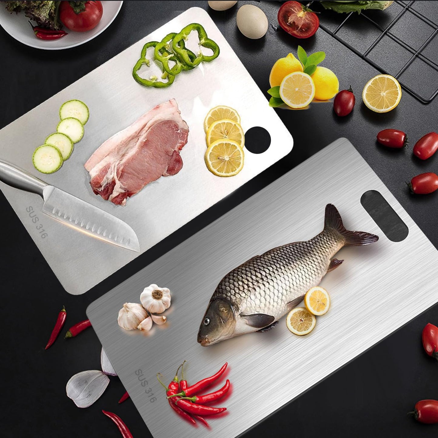Katori Titanium Cutting Board - Upgraded 100% Pure Titanium Cutting Boards for Kitchen Non Toxic, Double Sided Food Grade Hygiene Non Moldy Dishwasher Safe Meat Fruit Metal Board (3PC S+L+XL)