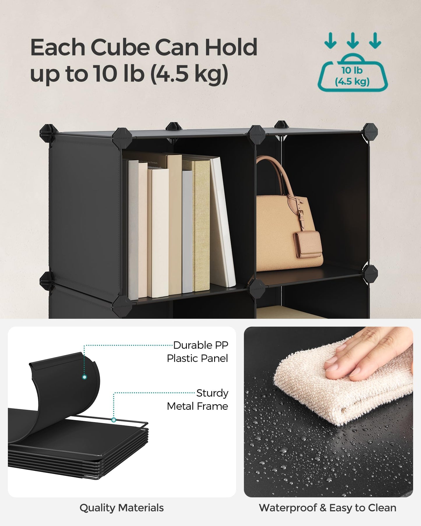 SONGMICS Cube Storage Organizer, Set of 12 Plastic Cubes, Closet Storage Shelves, DIY Plastic Closet Cabinet, Modular Bookcase, Shelving with Doors for Bedroom, Living Room, Black and White ULPC34HV1