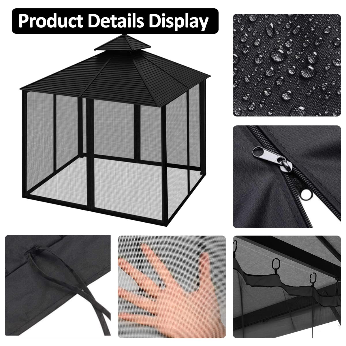 Homegroove Replacement Mosquito Netting for 10x10ft Gazebo, Universal Mosquito Netting for Patio Garden Yard, 4-Panel Outdoor Mesh Netting Screen with Zipper, Upgraded Flame Retardant Material Black