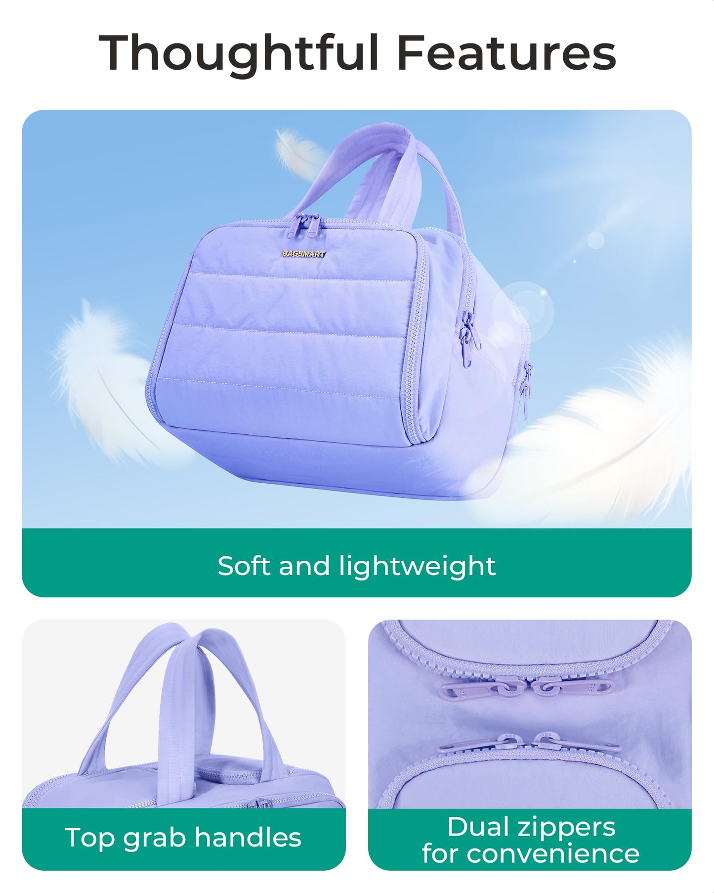 BAGSMART Travel Toiletry Bag, Puffy Toiletry Bag for Women, Wide-open toiletry bags for traveling, Large Travel Cosmetic Makeup Bag Organizer for Accessories,Toiletrie, d-Light Purple, Large, Puffy