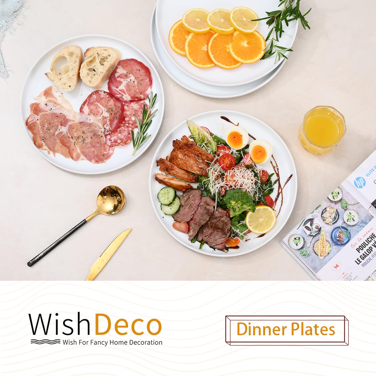 WishDeco Ceramic Dinner Plates Set of 4, Large Serving Plates 10.5 Inch / 27cm, White Round Porcelain Serving Dishes for Salad, Pizza, Steak, Buffet, Microwave & Dishwasher Safe