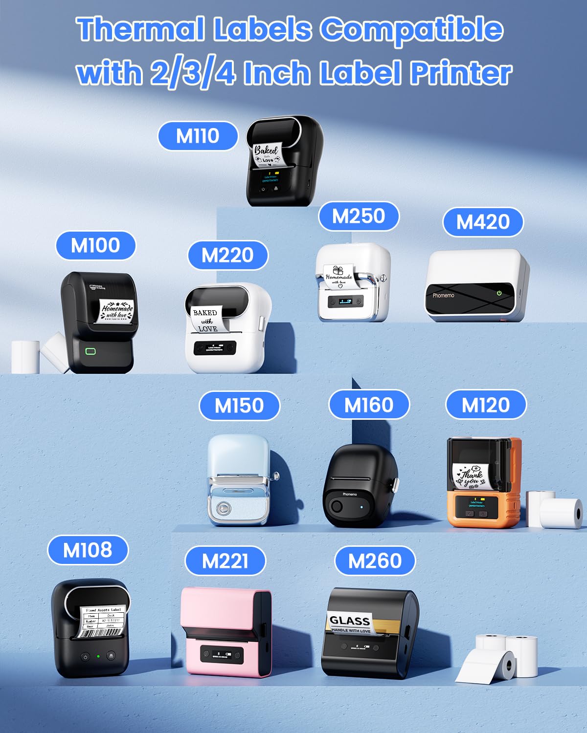 Phomemo Labels- 3 Rolls M110/M100/M220/M221/M150/M250/M108 Thermal Labels 1.57"x1.18"(40x30mm), M110 Label Multipurpose Square Self-Adhesive Paper, Name Labels for Kids, School, 230 Label/Roll