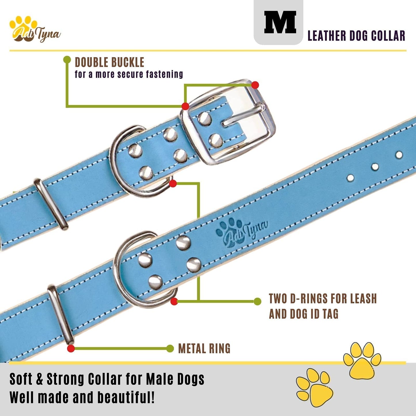 ADITYNA Heavy Duty Leather Dog Collar for Small, Medium, Large, and Extra-Large Dogs - Padded Dog Collar with Genuine Leather - Collier Pour Chien (Medium: Fit 13-20" Neck, Blue)