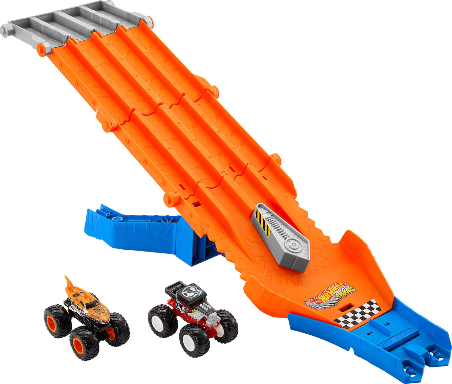 Hot Wheels Toy Monster Trucks Track Set with 1:64 Scale Mega-Wrex & Tiger Shark, Competitive Racing, Sharks vs. Dinos Racedown Destruction Playset