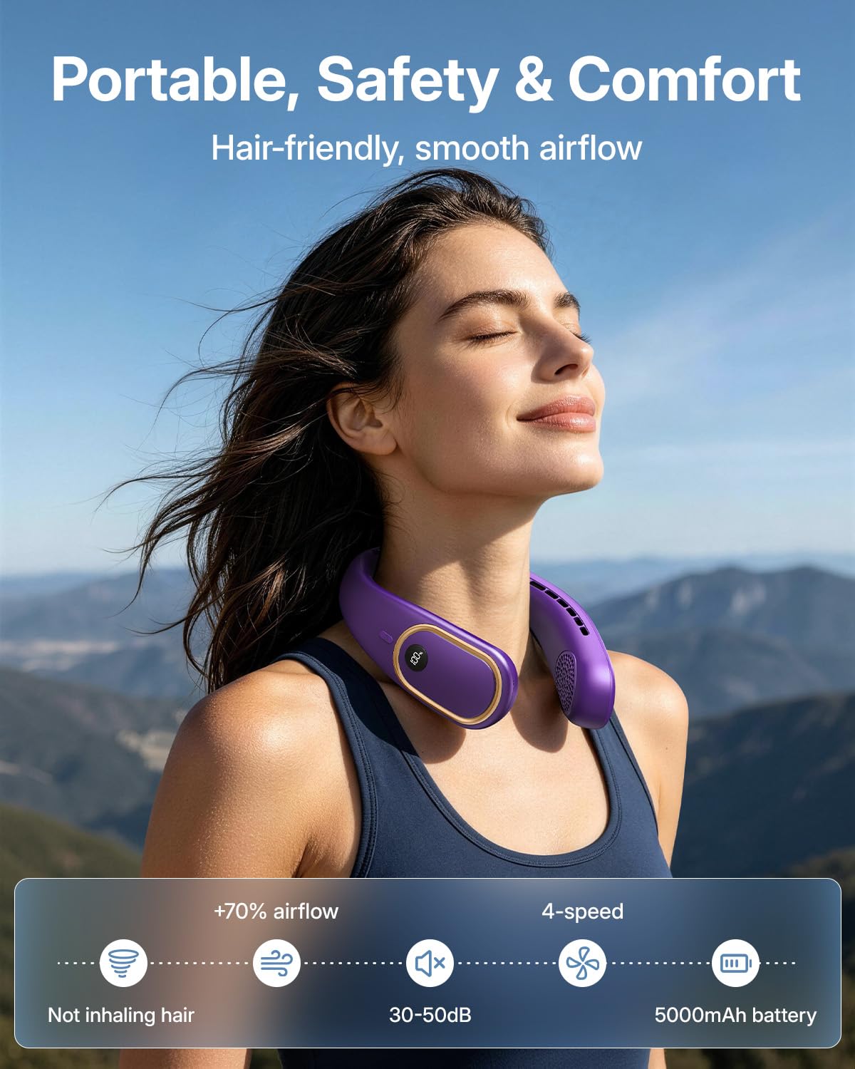 Portable Neck Fan - Hands Free Personal Fan, Rechargeable Bladeless Fan with 5000mAh-Battery, Digital Display, 4 Speeds, Birthday Gifts for Men, Women, Mom, and Dad - Purple