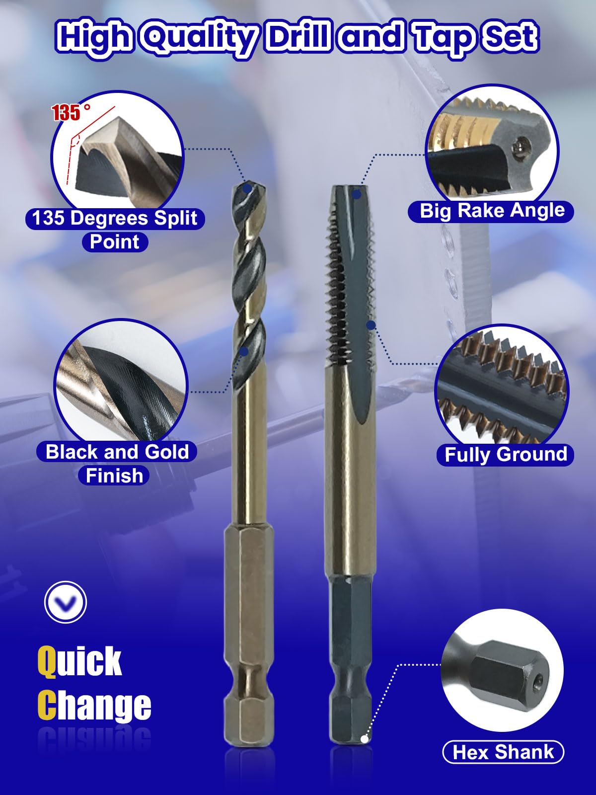 JEFE HEX Drill and Tap Set 20pc - Hex Shank Drill Bits & Thread Taps for Metal | MRO & Industrial Use | Quick-Change Combination tap 6-32UNC to 1/2"-13UNC | Impact Driver