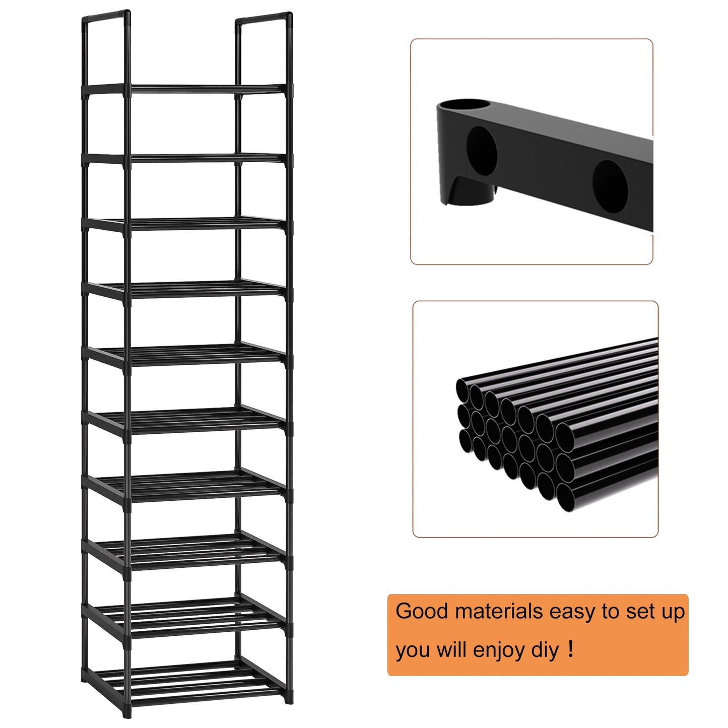 OYREL 10 Tier Shoe Rack,Sturdy Metal Shoe Organizer, Narrow Shoe Rack, Shoe Racks for Closets, Black Shoe Shelf