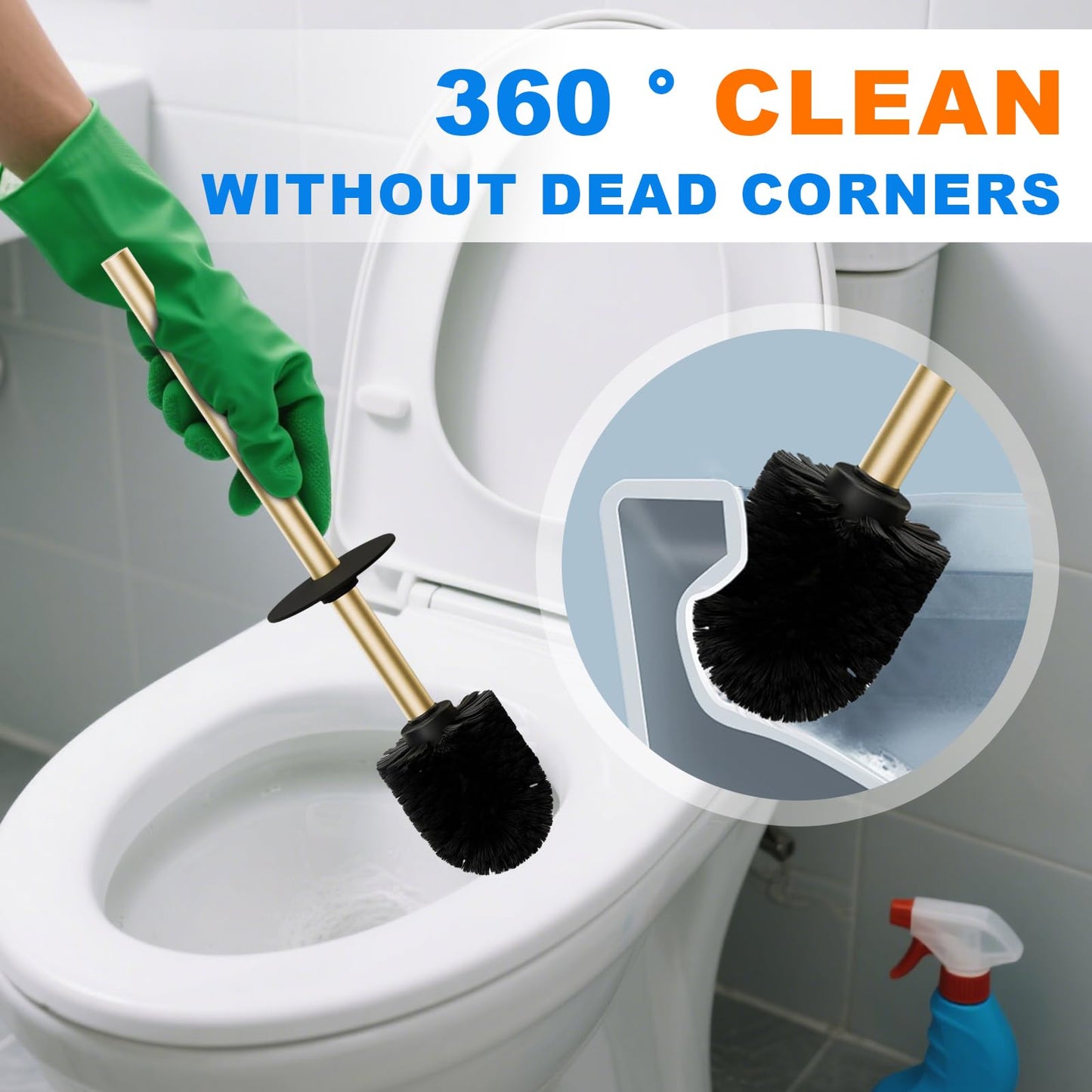 304 Stainless Steel Toilet Brush and Brush Holder Set, Circular Floor Toilet Brush Holder, Long Handle, Bathroom Heavy-Duty Cleaner, High-End Cylinder Wall (Brushed Gold) YIGUANXIN