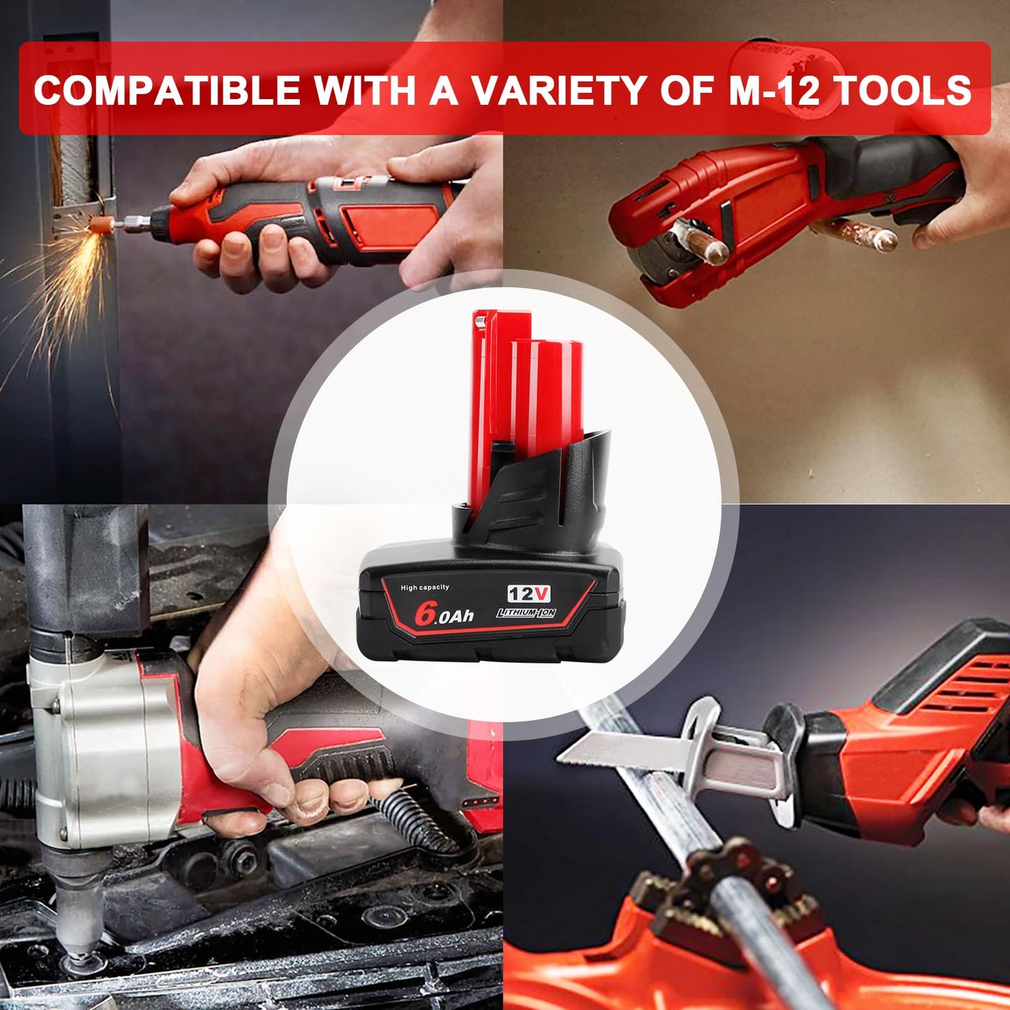 12V Battery, Replacement for Milwaukee M12 Battery 6.0Ah, Compatible with Milwaukee 12V Cordless Tools MLW2553-20,2462-20,2415-20 and MLW2504-20 2-Pack (2pack M12 Battery 6.0ah)