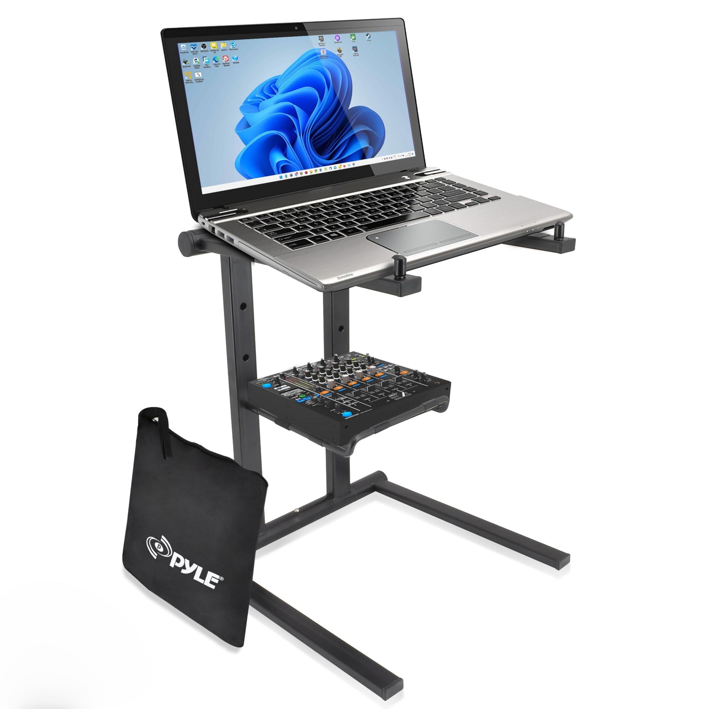 PYLE Laptop DJ Stand- Sturdy & Light Weight Standing Table w/ Foldable Height, & Secondary Accessory Tray, Securely Holds- DJ Mixer, Laptops, iPad, Tablet- Workstation, Gaming & Home Use- Includes Bag