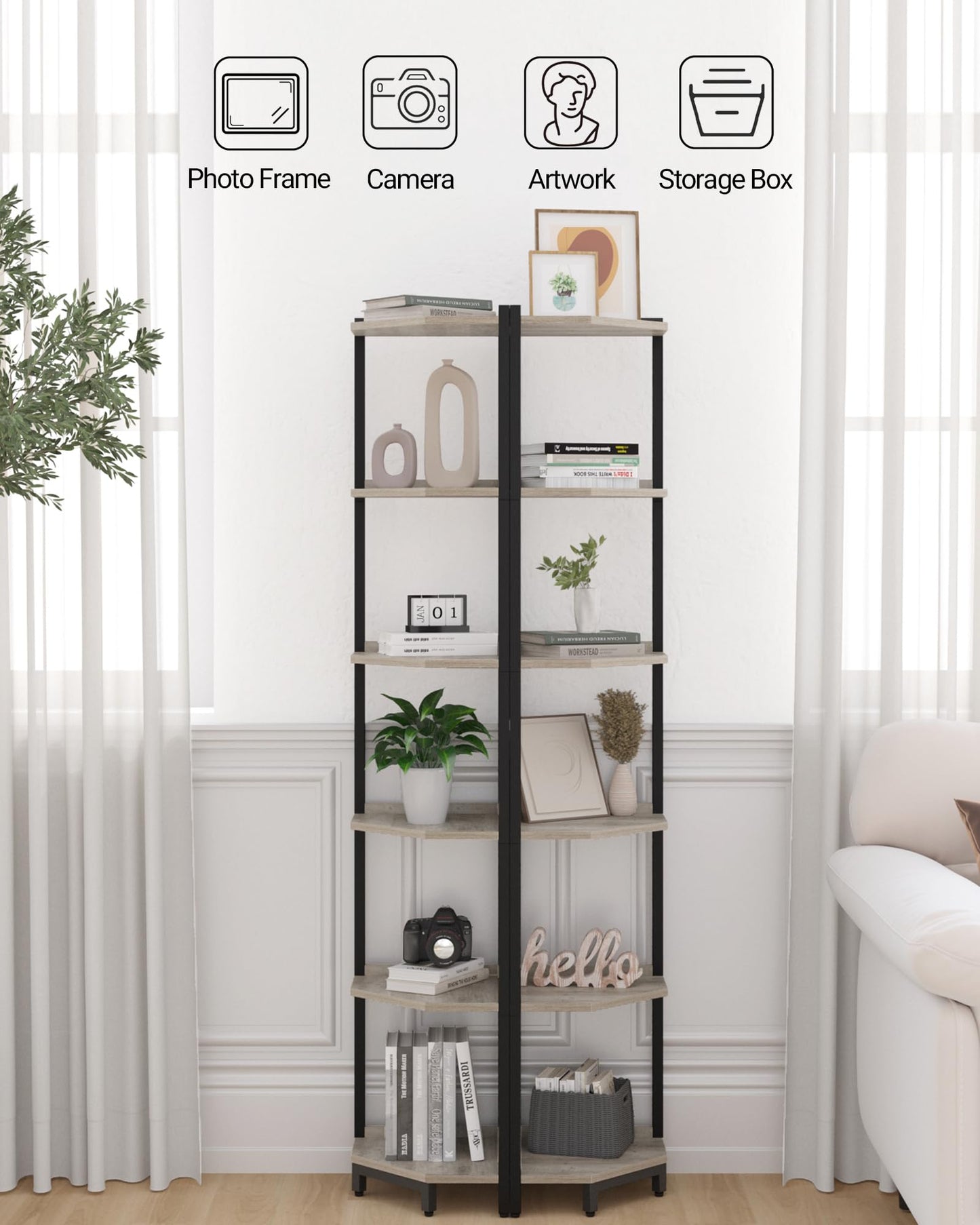 Hzuaneri Corner Shelf Stand, Corner Bookshelf, Storage Standing Shelf Unit with Metal Frame, Plant Stand, Corner Bookcase for Living Room, Home Office, Bedroom, 6-Tier Greige CS06005B