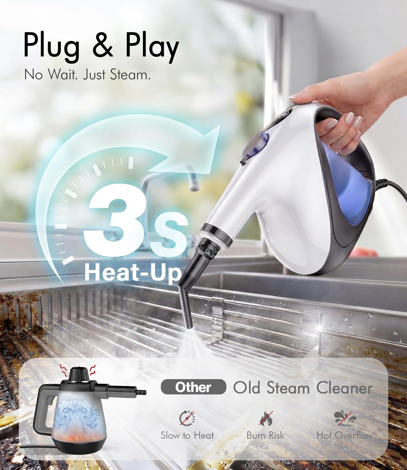 Handheld Steam Cleaner for Home 3s Instant Heat-Up No Need to Wait, Upgrade 2 LB Light Weight Easy Refill Portable Steamer Cleaner for Furniture Couch Grout Walls Kitchenware Cleaning (White)