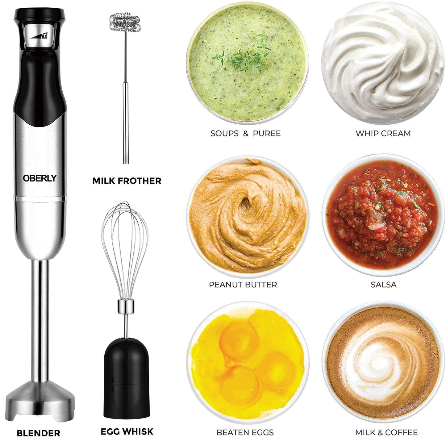 Immersion Hand Blender Electric, OBERLY 500W Heavy Duty 3-in-1 Handheld Stick Mixer, Smart Stepless, Stainless Steel Blade with Milk Frother, Egg Whisk for Coffee Foam, Smoothies and Puree