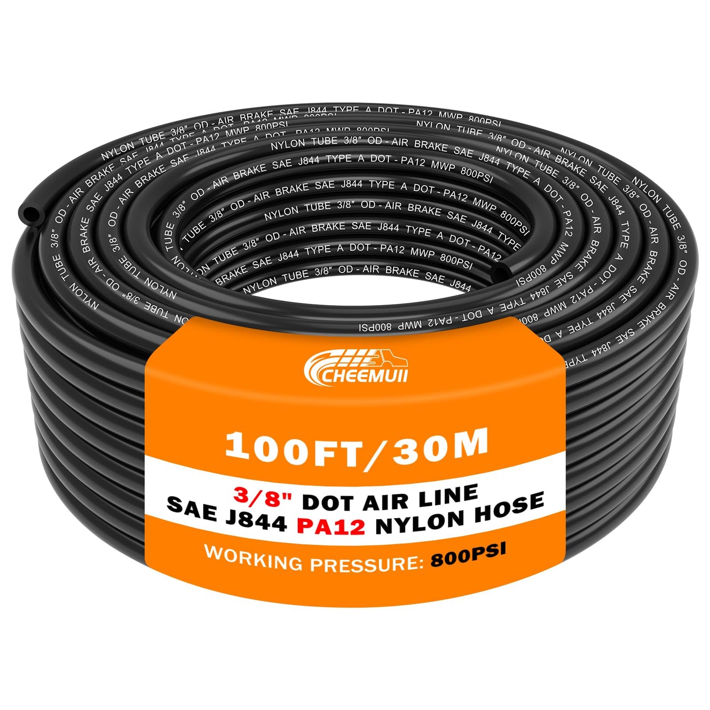 CheeMuii 100 FT 3/8" PA12 Nylon DOT Air Line SAE J844 DOT Air Hose 30.5 Meter 3/8 Inch OD Pneumatic Air Tubing Pipe Hose Line