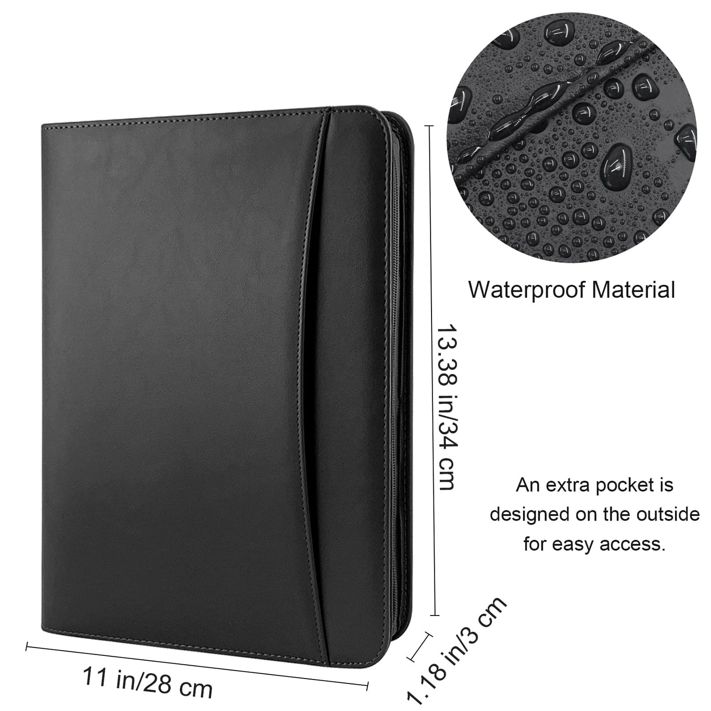 VANRA Zippered Padfolio for Men Leather Portfolio for Women Binder Organizer Interview Resume Folder for Papers Document Holder Planner Binder A4 Letter Size with Notepad, Black