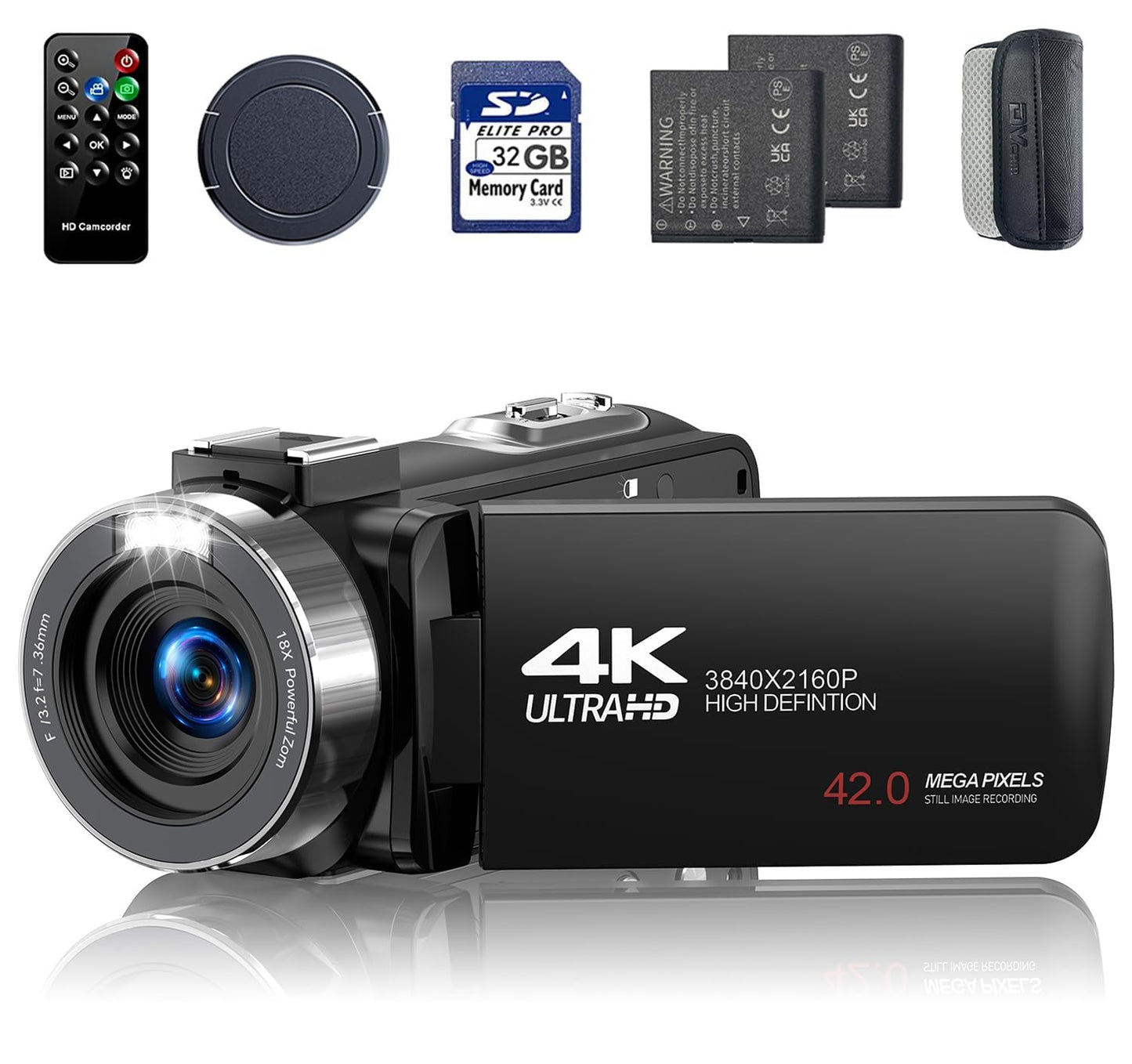 Camcorder 4K 30fps Video Camera 42MP YouTube Vlogging Camera 18x Digital Zoom Cam Corder with 3.0" 270° Rotation Screen Remote Control 32G SD Card 2 Batteries for Wedding Travel