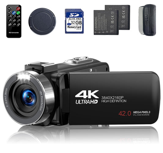 Camcorder 4K 30fps Video Camera 42MP YouTube Vlogging Camera 18x Digital Zoom Cam Corder with 3.0" 270° Rotation Screen Remote Control 32G SD Card 2 Batteries for Wedding Travel