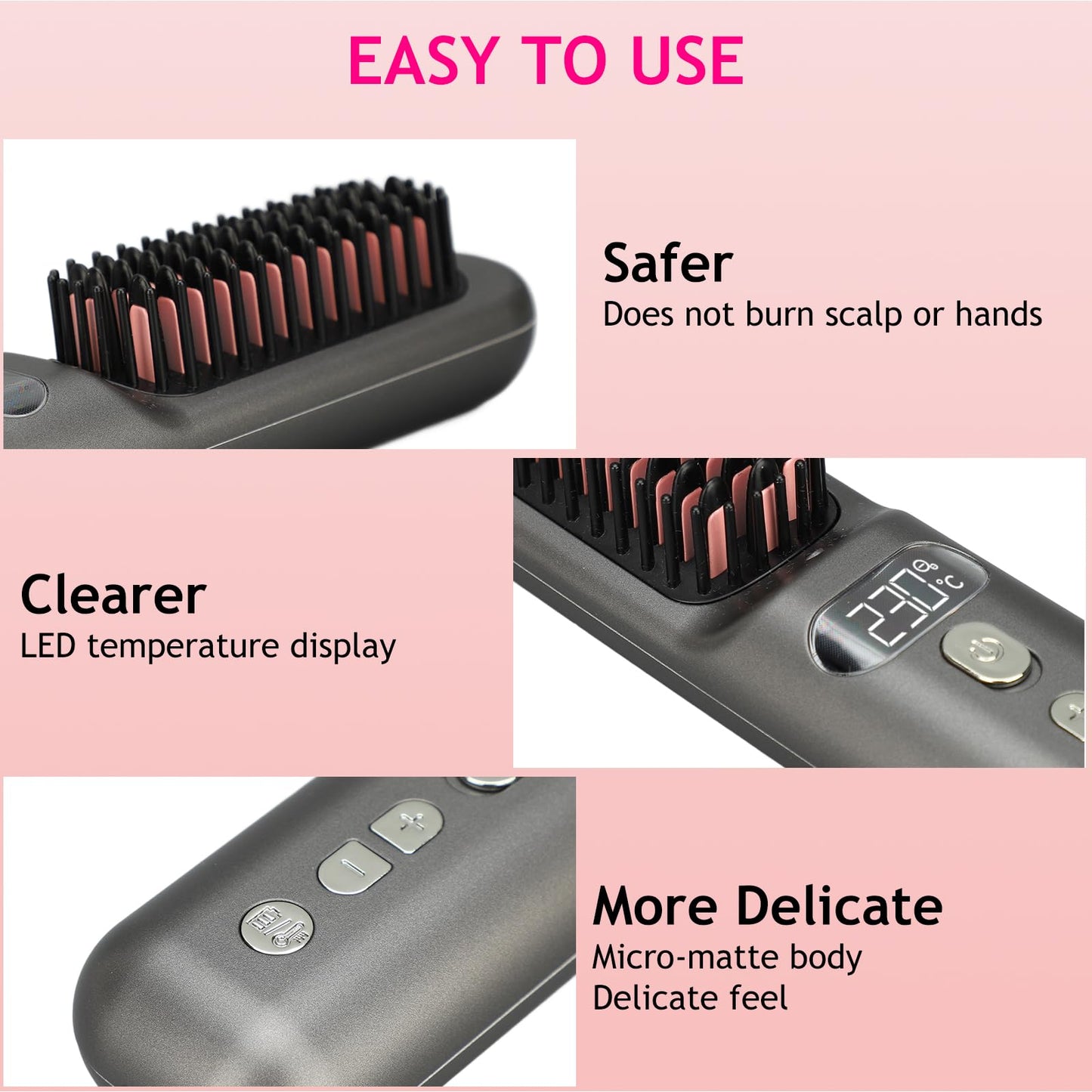 Cordless Hair Straightener Brush, Portable Ionic Hot Comb Straightener, 9 Levels of Intelligent Temperature Control, Mini Straightening Brush for Travel (Black)