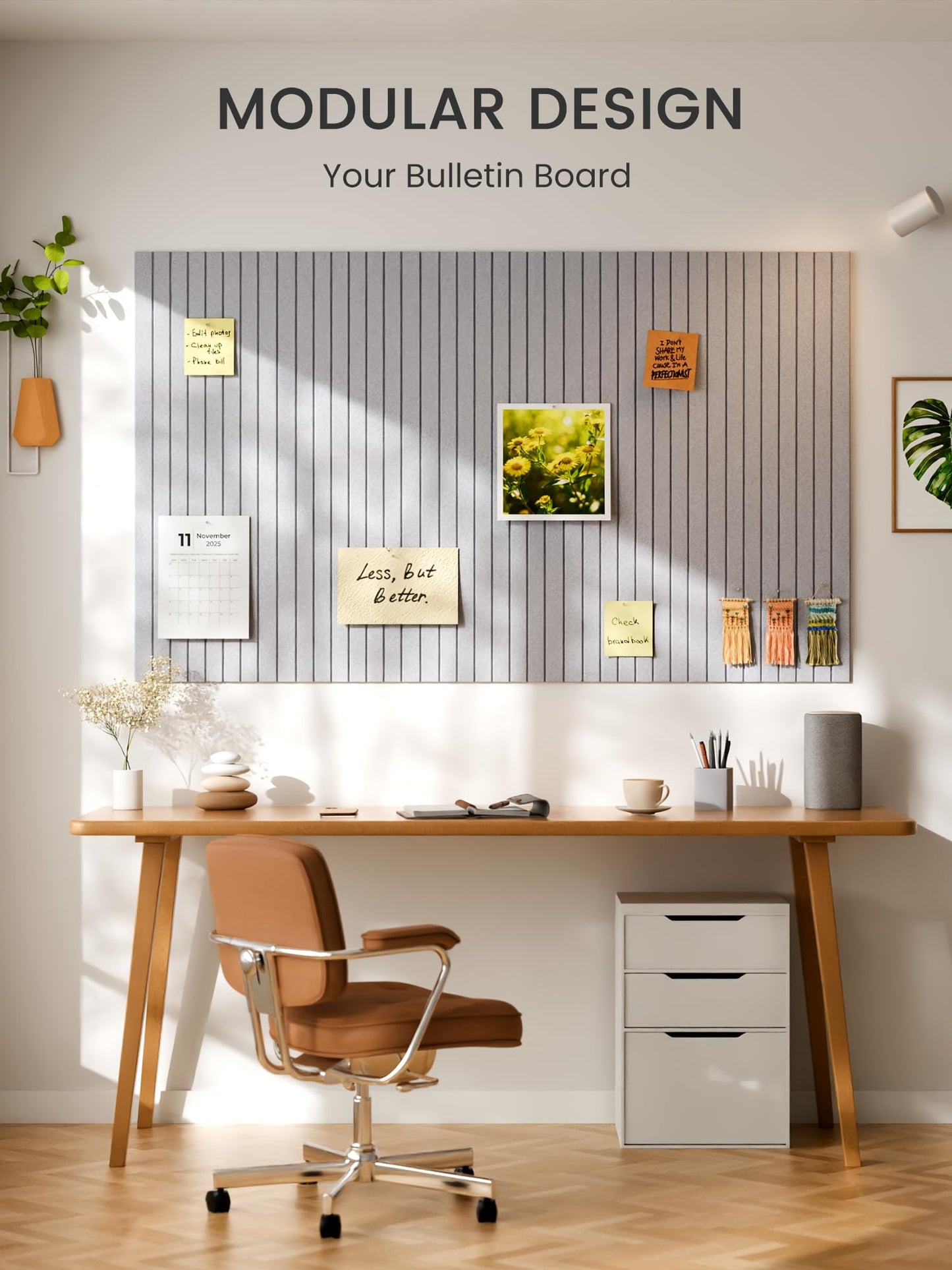 Bumusty Large Felt Bulletin Board, Cork Board Alternative, 6-Pack Fine Stripe Felt Wall Tiles with 30 Push Pins and 40 Adhesive Tabs, Ideal for Office, Home & Classroom, Soft Gray