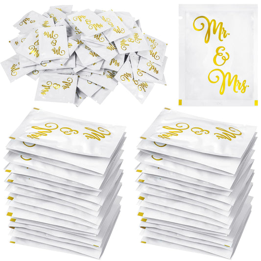 200 Pack Wedding Wipes for Reception Mr and Mrs Guest Wrapped Wipes Wedding Flushable Hand Wet Gold Foil Decorations for Travel Anniversary Bridal Shower Party Supplies Favor