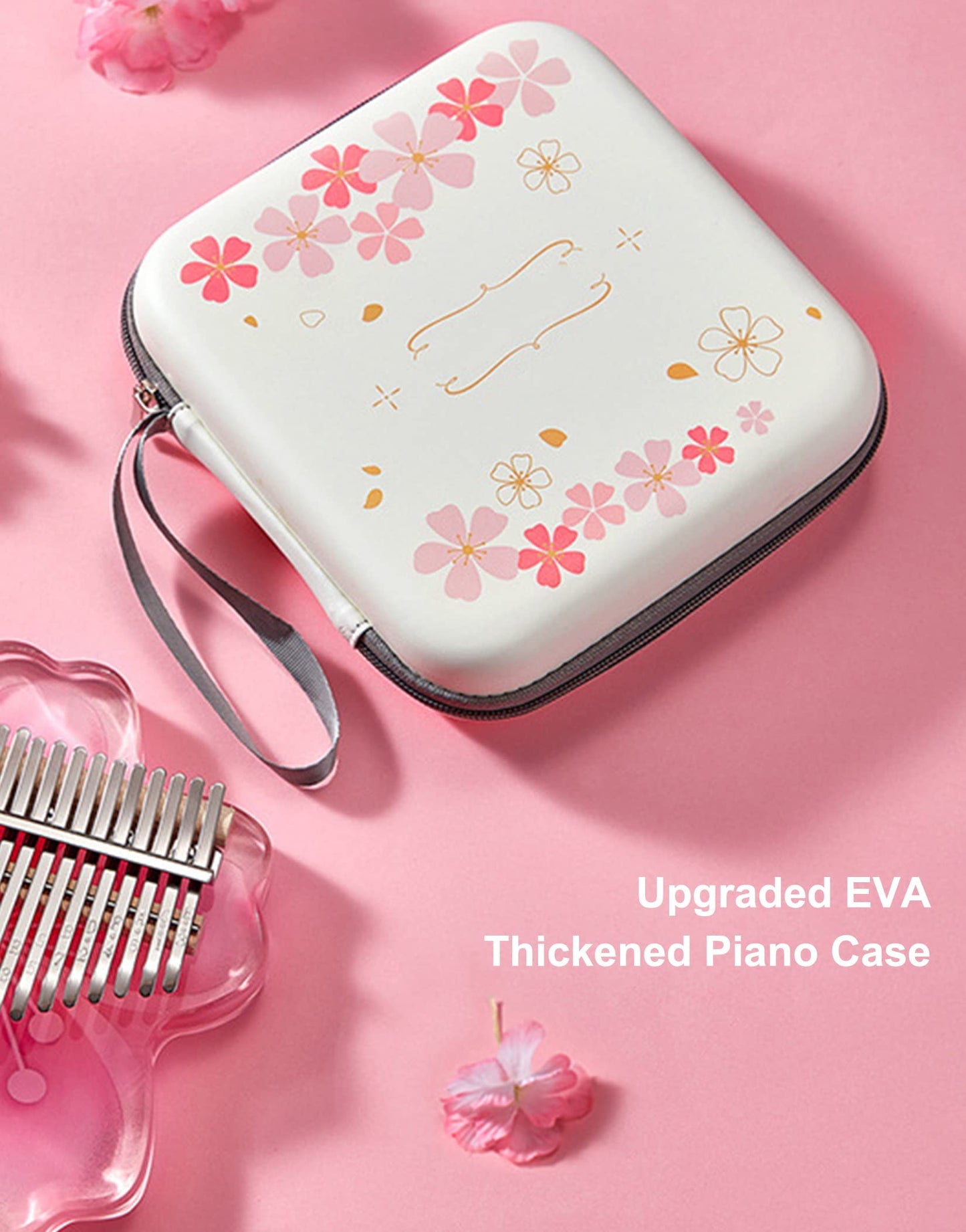 Clear Kalimba Thumb Piano 21 Key with EVA Protective Case Full Kit, Sakura Shape Transparent Crystal Kalimba 17 Key, Professional Musical Instruments for Kid Adult Beginners,Pink 17 Notes